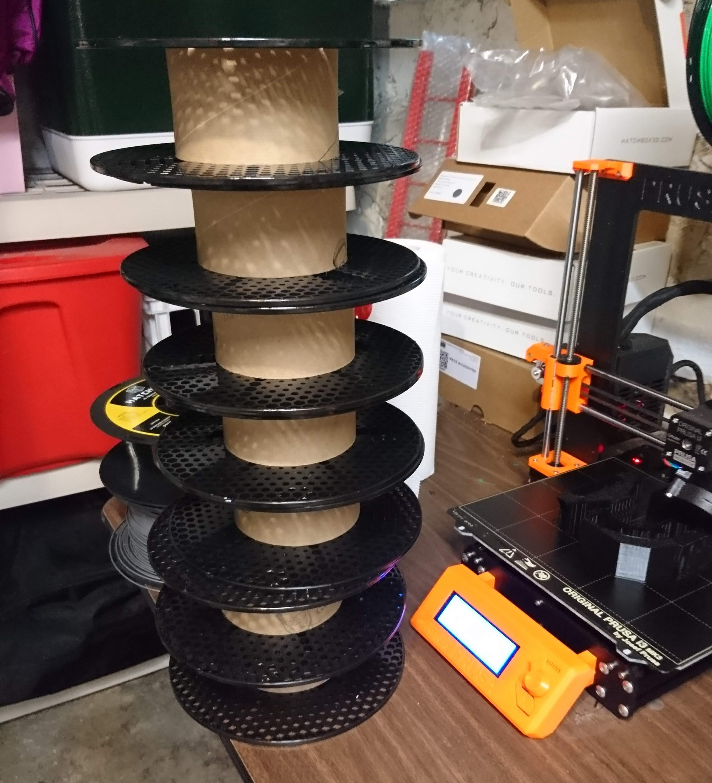 A stack of empty filament rolls