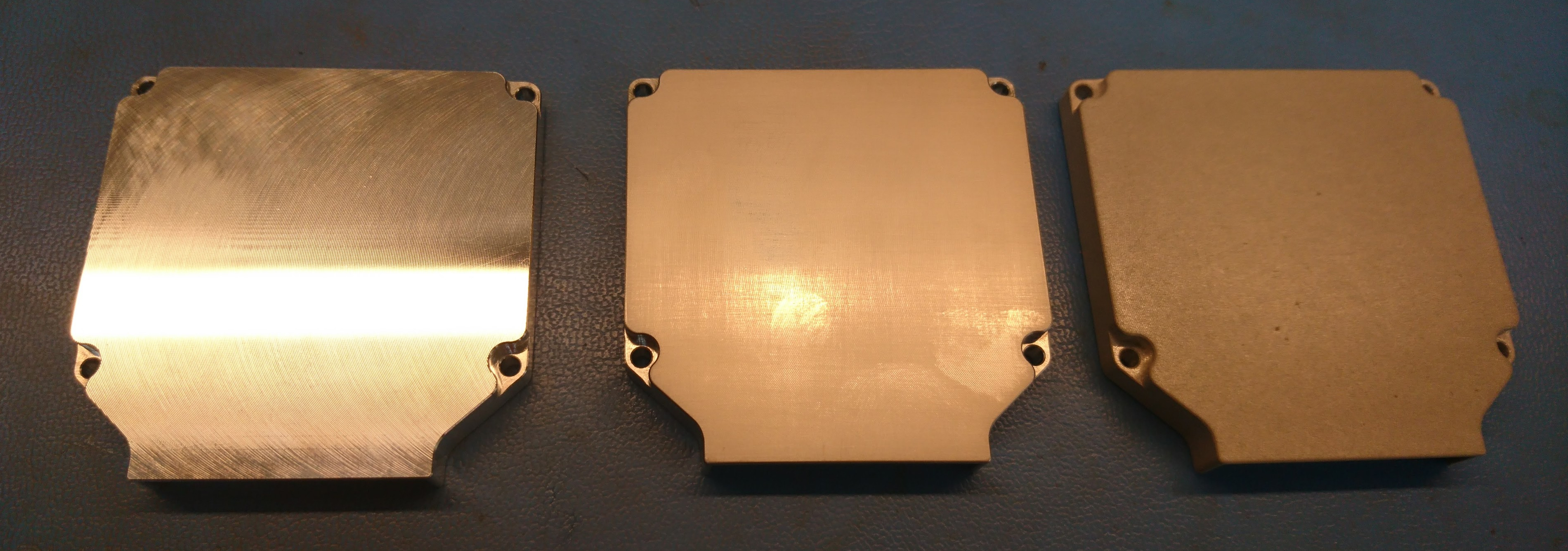 Left: as machined, Center: Hand Scotch-Brite, Right: Tumbler